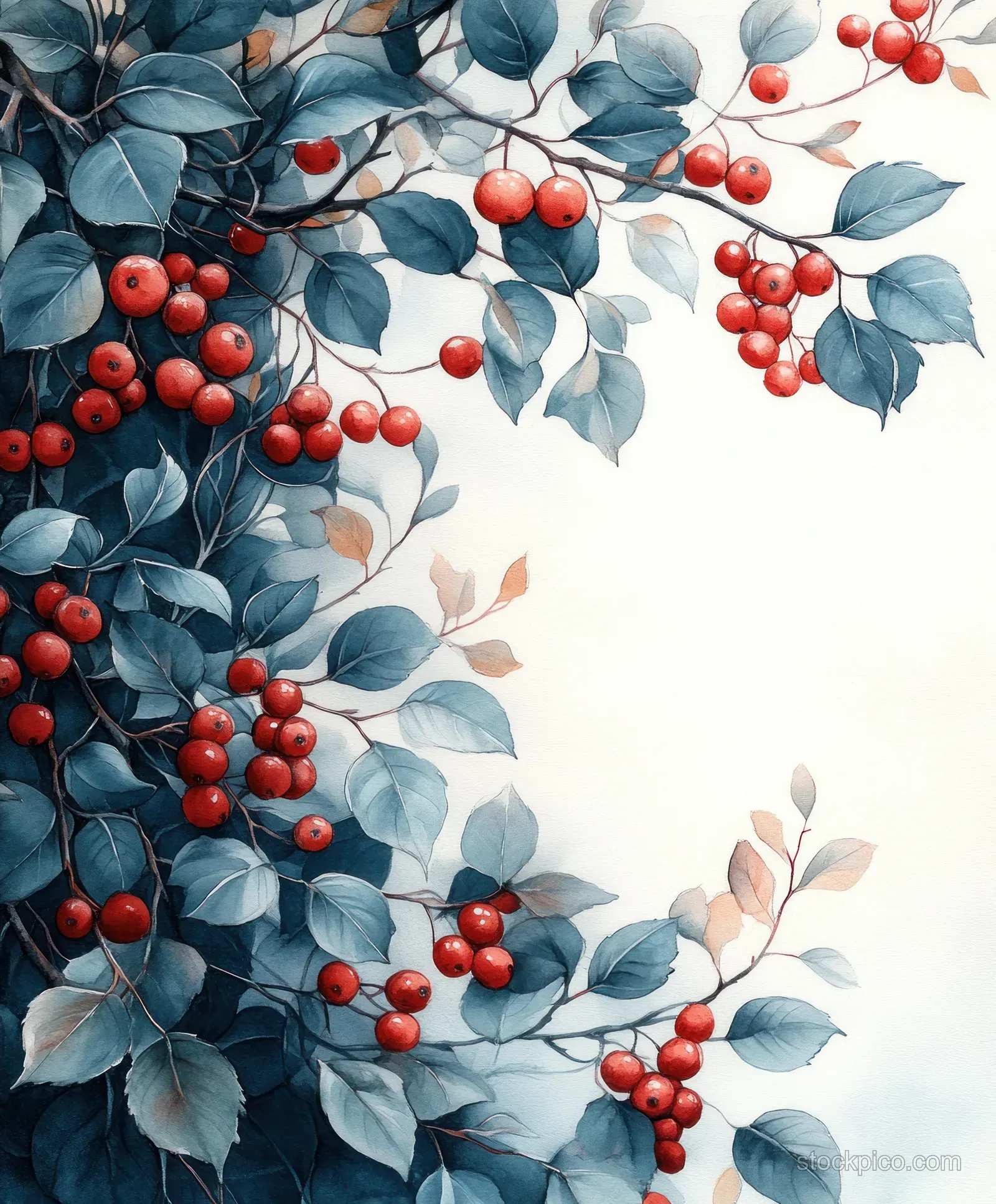 Symmetrical eucalyptus and holly leaves frame clusters of winter red berries around a blank cream area.