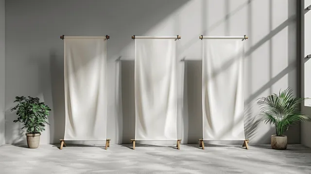 Three roll-up banner stands with white fabric panels on a minimalist indoor grey wall