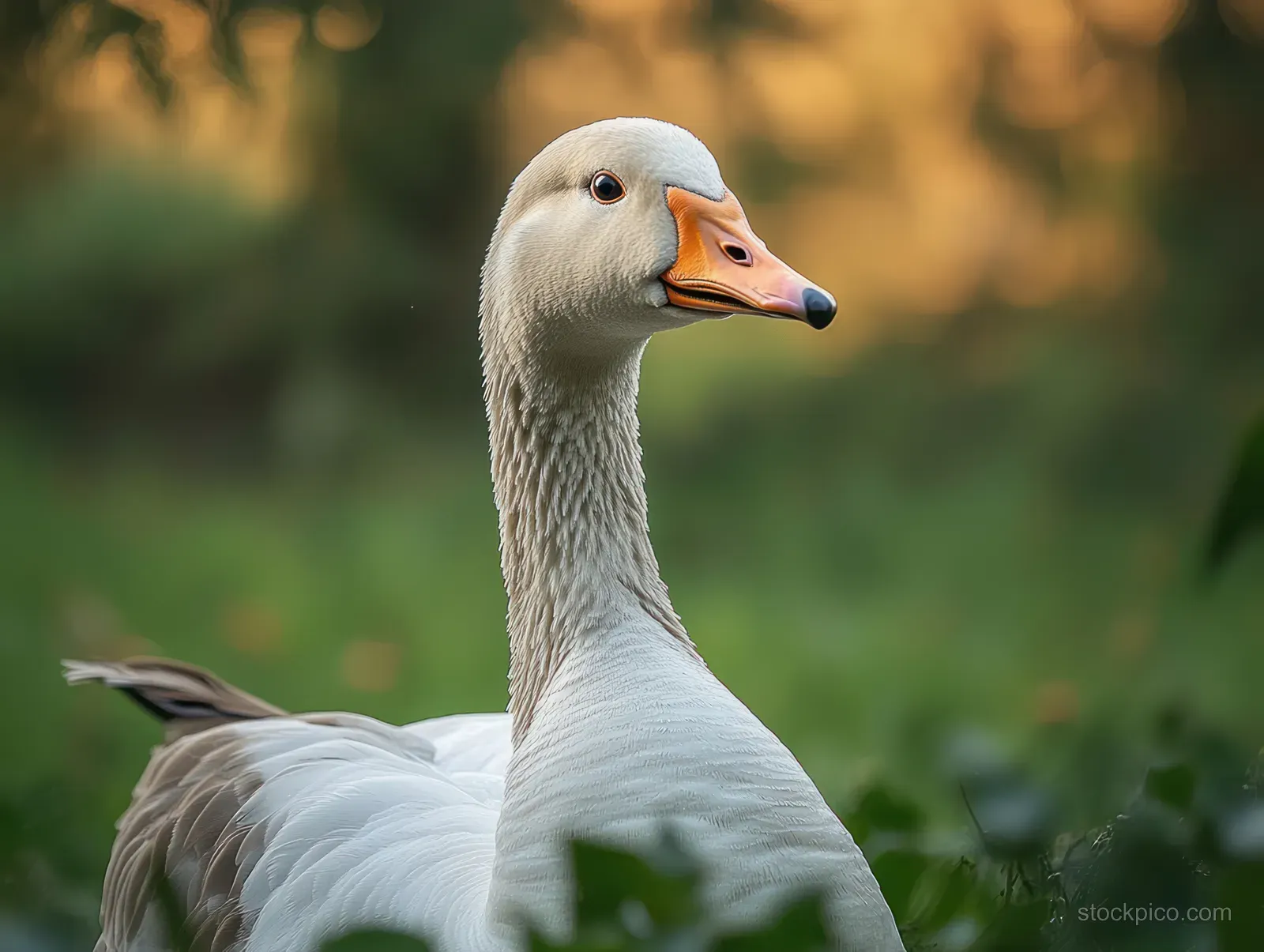 A close-up of a white goose with an orange beak, framed by green foliage with warm blurred light behind it.
