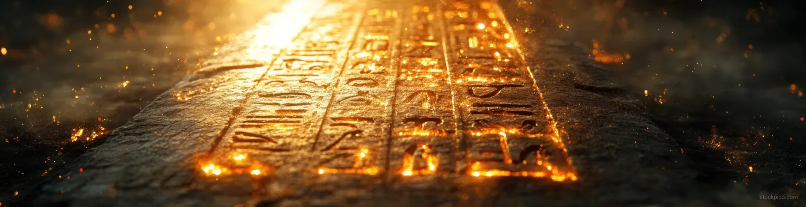 Weathered stone tablet covered with carved Egyptian hieroglyphs under warm golden illumination and drifting dust.