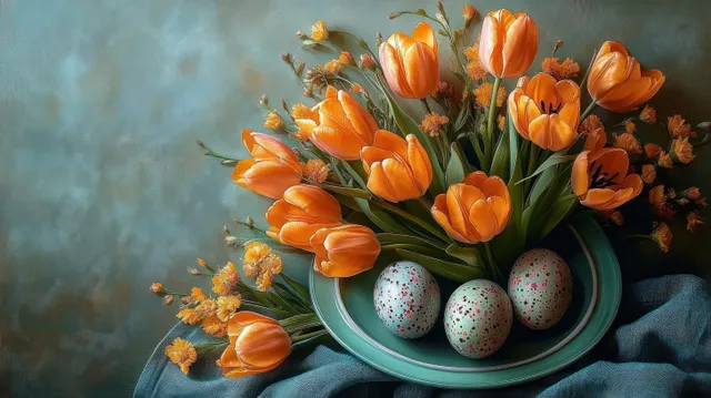 Orange tulips and small spring flowers sit on a teal plate next to three speckled eggs against a textured teal background.