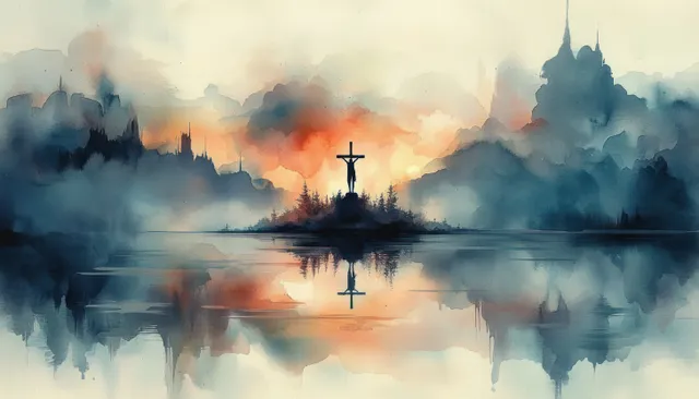 Crucifixion silhouette on calm lake at sunset watercolor, glowing sky and soft mist