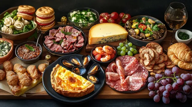 Wooden appetizer board filled with cheese, cured meats, seafood, grapes, pastries, and a glass of white wine.