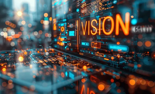 Laptop screen displays a “VISION” dashboard with glowing charts while bokeh city lights blur in the background.