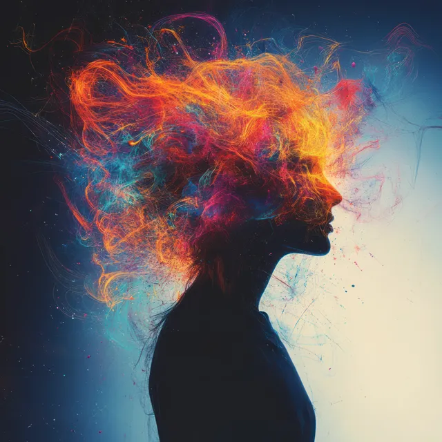 Side profile silhouette with multicolored fiery light streaks radiating from the head against a dark background.