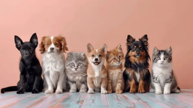 Mixed breed dogs and cats sit together in a pastel studio portrait against a solid pink background.