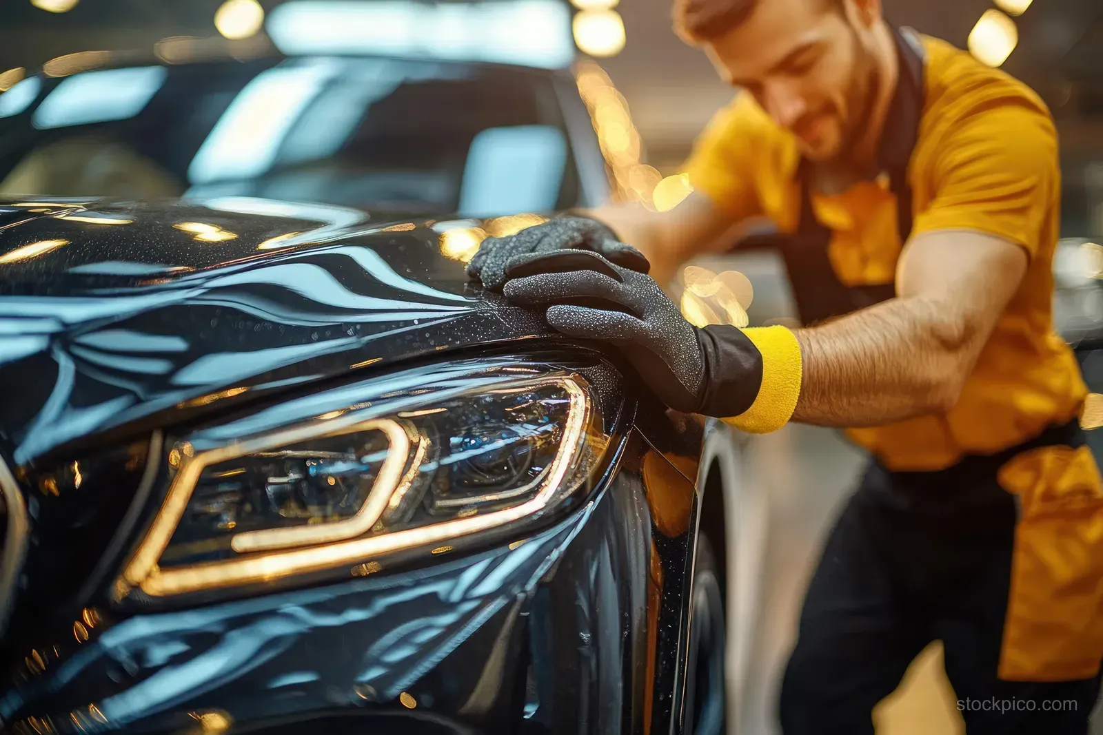 A car detailer polishes a glossy black hood with a microfiber cloth in a garage.