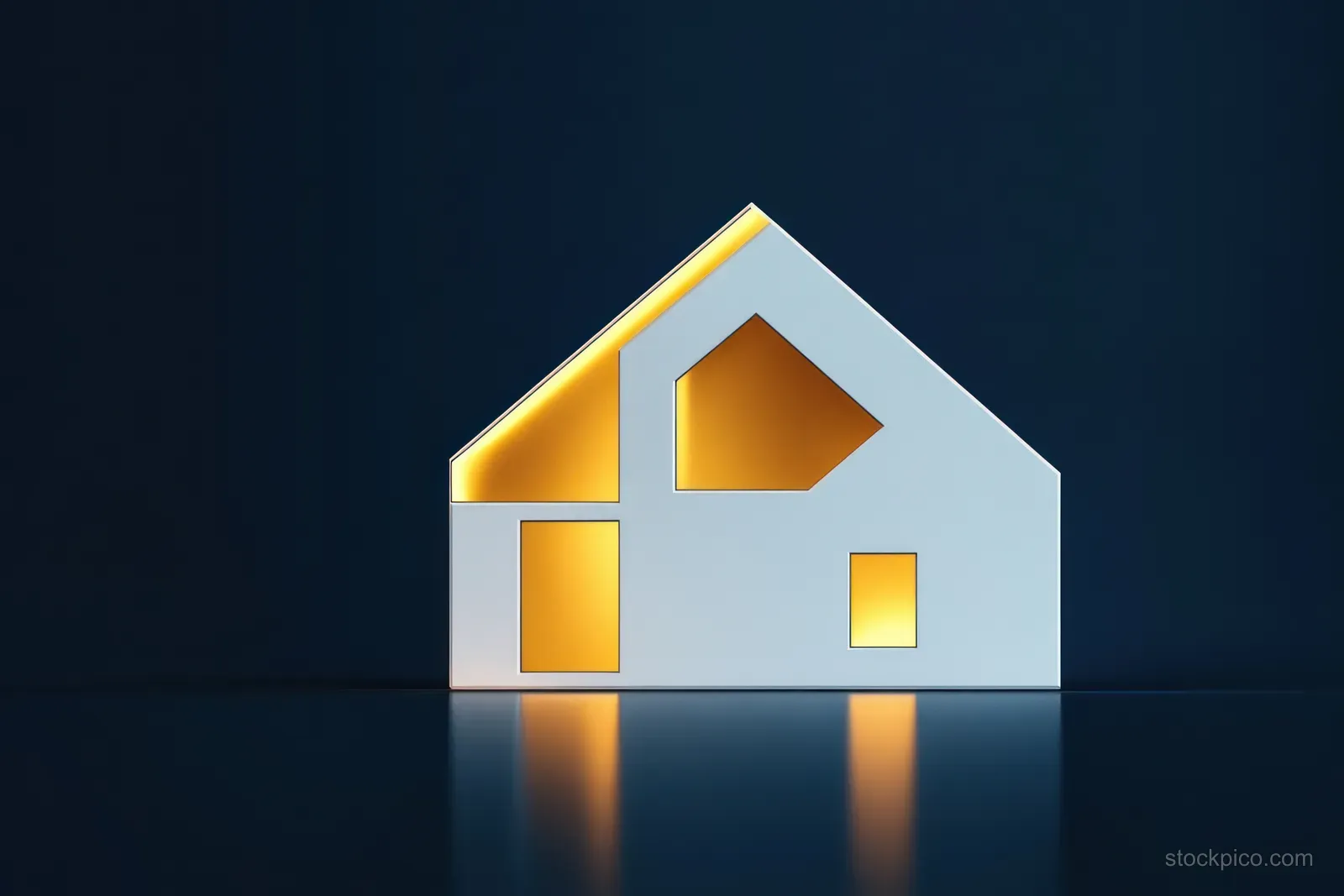 Minimal white house model with glowing yellow windows and reflections on a dark surface against a dark background.