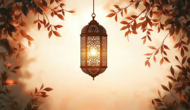 An ornate hanging lantern glows between autumn branches covered with orange and brown leaves in soft light.
