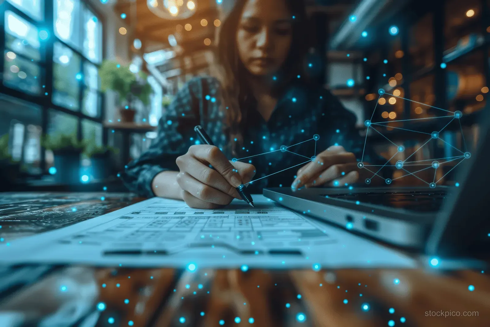 Woman typing on a laptop while virtual checkmarks and verification icons overlay an online application in an office.