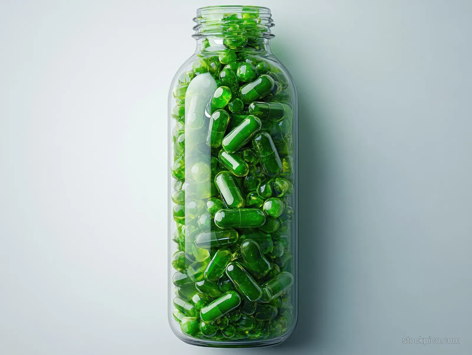 Clear glass bottle filled with bright green capsules isolated on a plain white background.