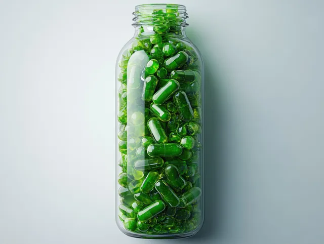 Realistic glass bottle filled with green capsules isolated on clean white background