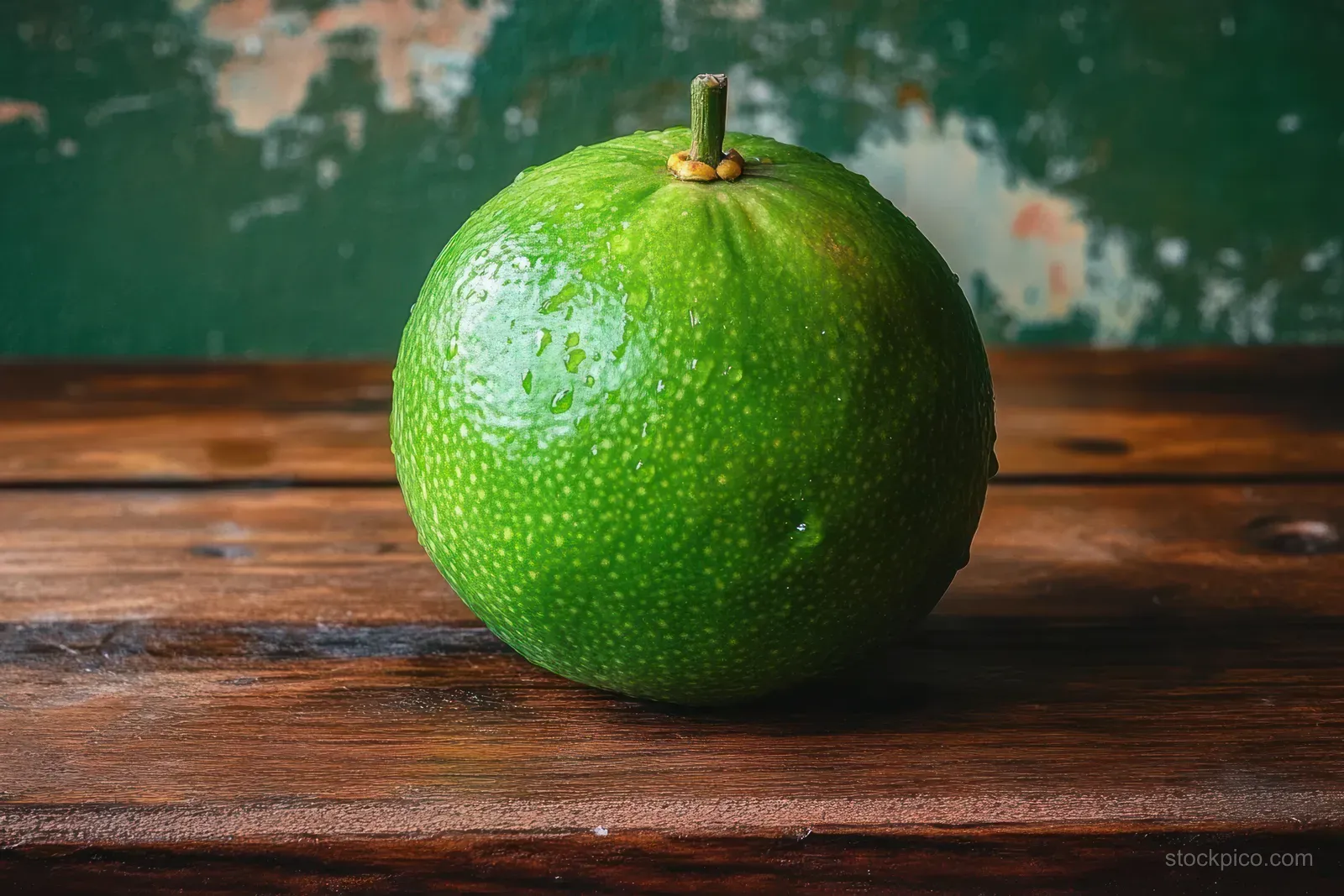 A fresh green lime with small water droplets rests on a rustic wooden table in natural light.