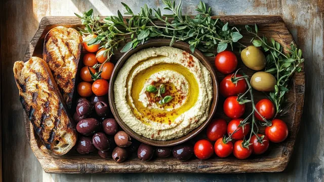 Creamy hummus on a wooden tray topped with olive oil, green herbs, olives, cherry tomatoes, and grilled bread slices.