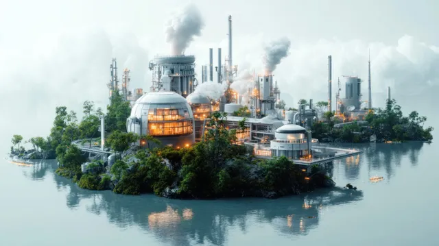 An industrial refinery on a green island sends white steam from chimneys into cloudy water.