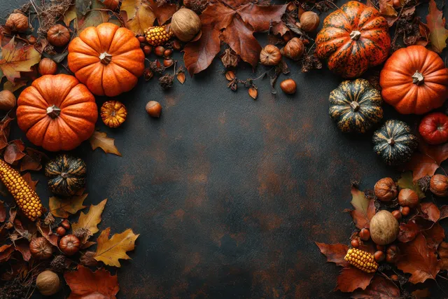 Top-down autumn still life with pumpkins, nuts, and dried leaves surrounding empty dark brown background.