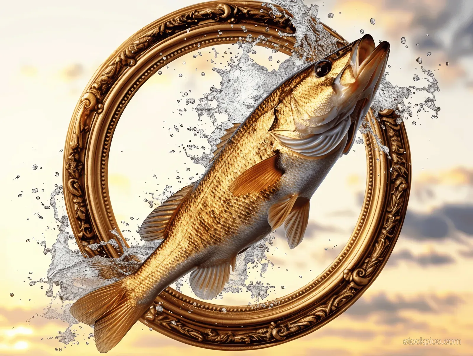 Northern bass leaps from water with splashes, framed by an ornate golden oval against a golden-hour sky.