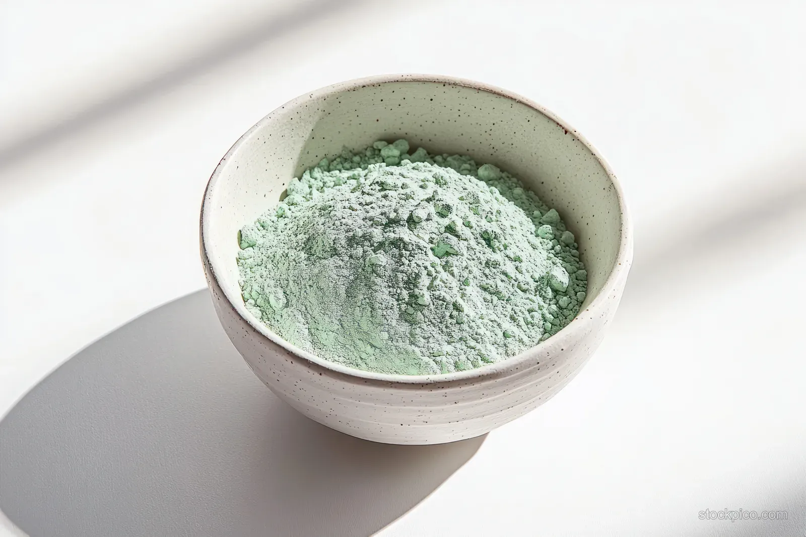 A ceramic bowl holds fine green clay powder on a clean white background in a top-down view.