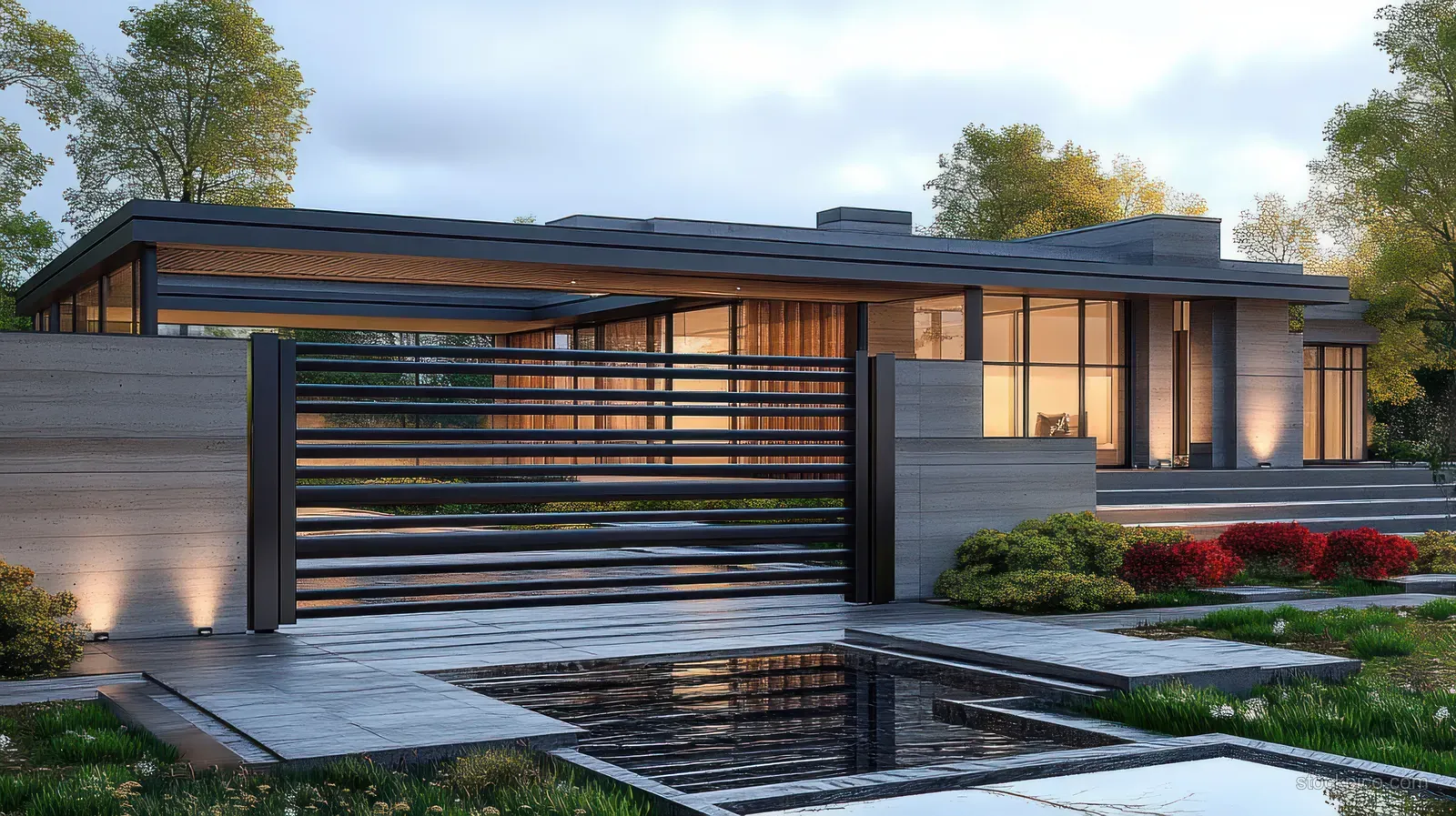 Modern single-story house with glass windows, metal gate, and landscaped garden lit softly at dusk.