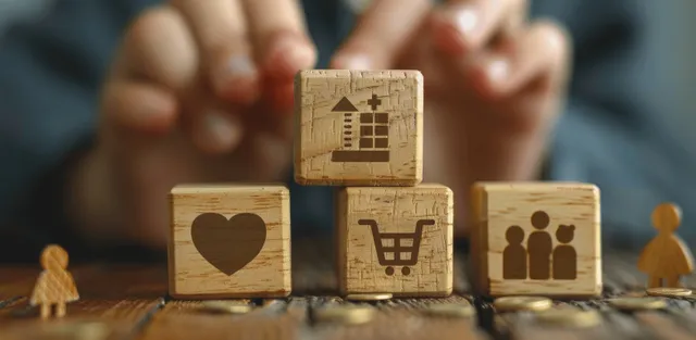 Wooden blocks with heart, shopping cart, and family icons sit on a desk beside small figurines.