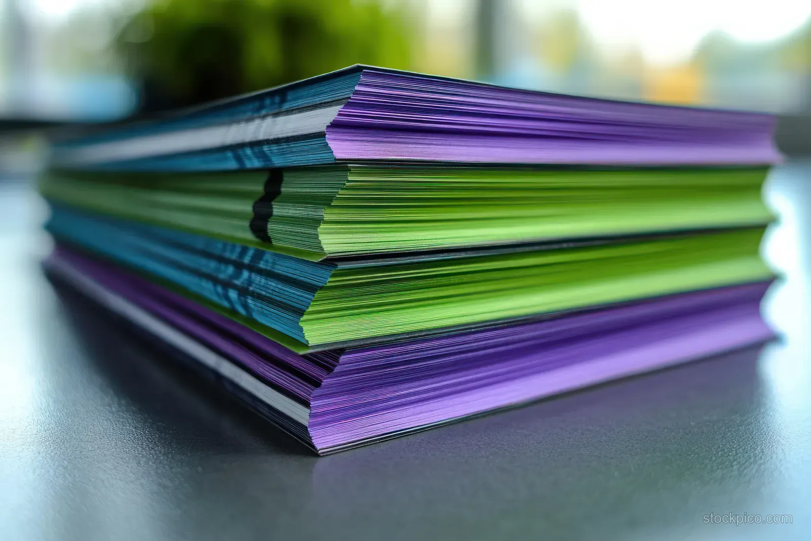 Colorful stack of paper sheets with blue green and purple edges on a smooth tabletop in bright natural light.
