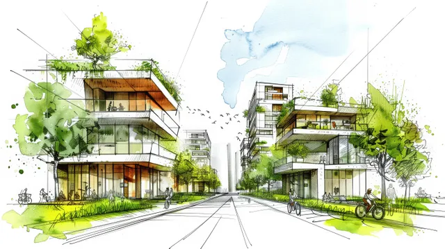 Eco-friendly city street sketch with green roofs, bike lane, and sustainable modern buildings