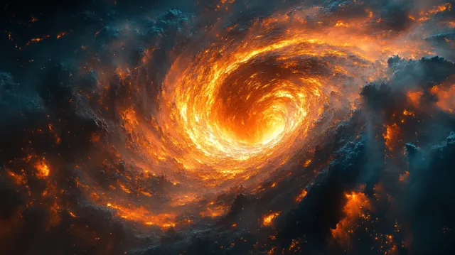 An orange-blue swirling black hole with fiery accretion glow pulls surrounding dark space clouds.