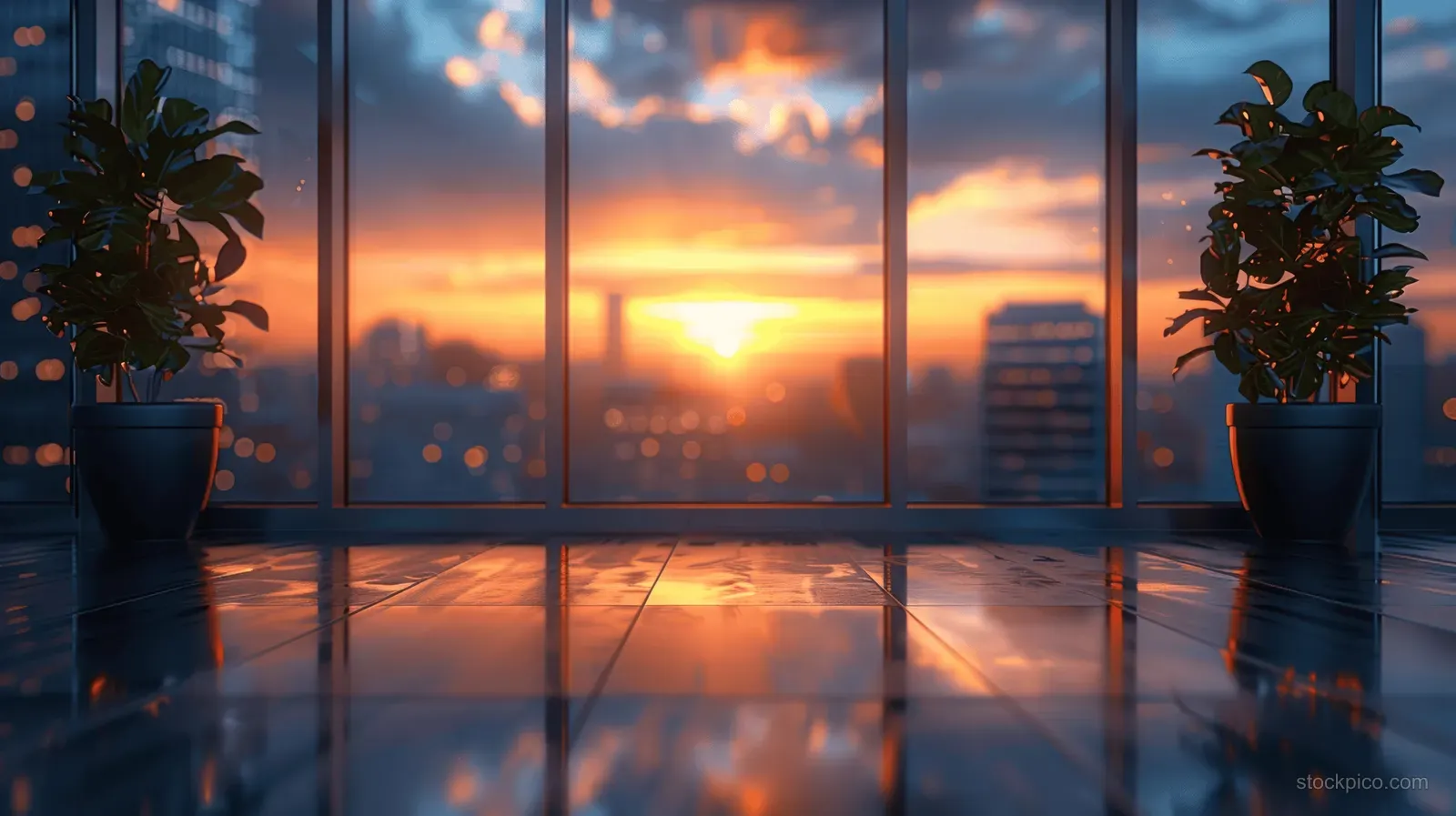Empty office interior at sunset with glass windows, conference table, potted plants, and reflected light on the floor.