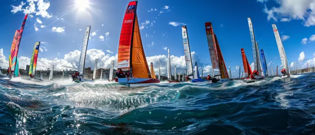 Multiple sailboats from a Nacra 17 fleet race across choppy water with colorful sails under a blue sky.