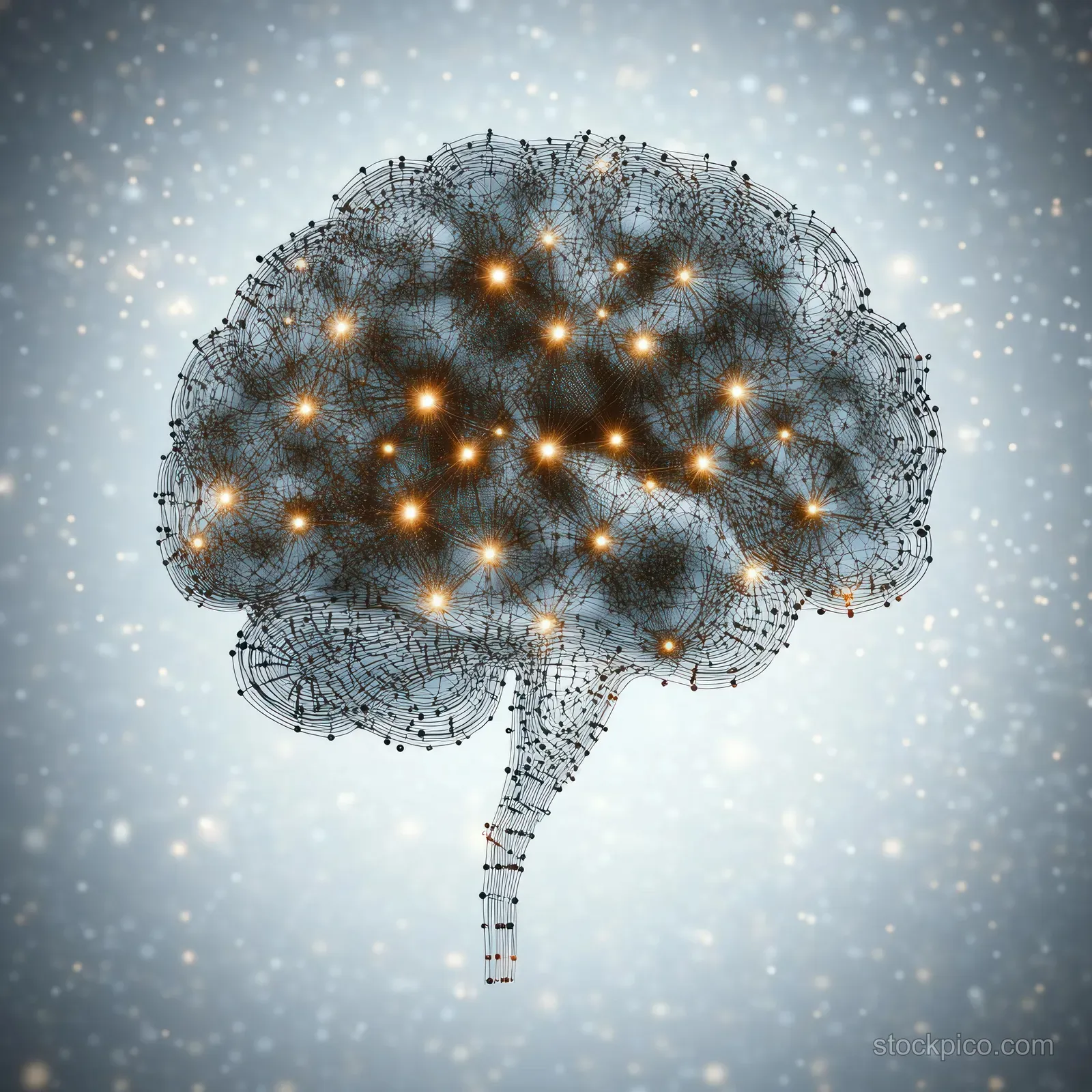 Abstract glowing brain built from connected neural nodes with bright lights on a soft blue background.
