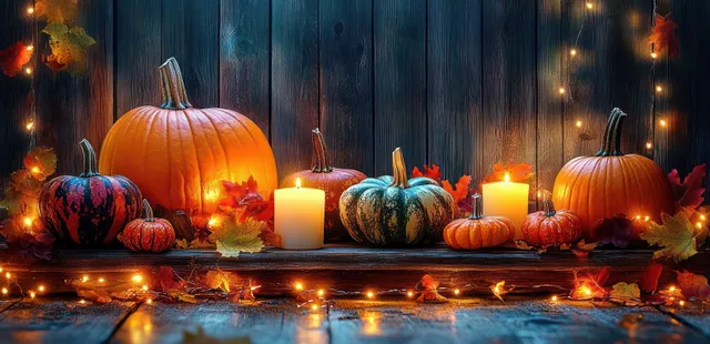 Thanksgiving pumpkins and gourds on rustic wooden table with candlelit autumn glow