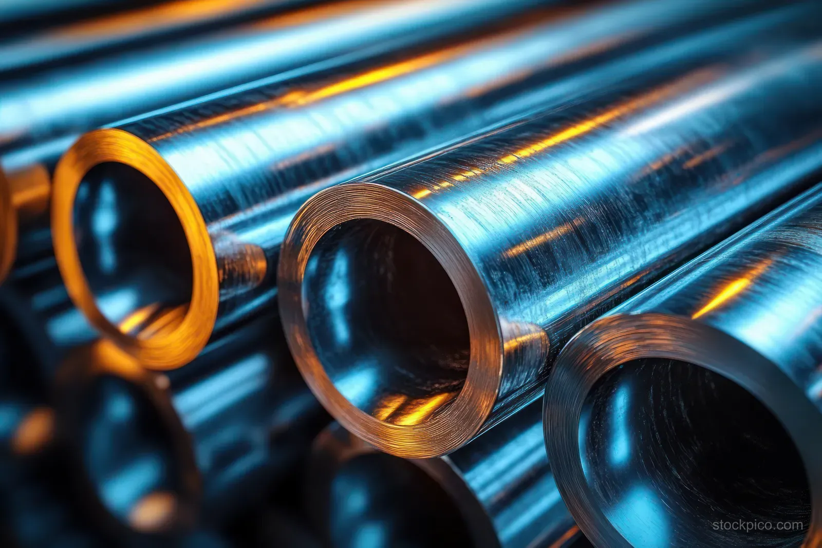 Shiny steel pipes with hollow ends reflect blue and orange lights in an industrial factory scene.