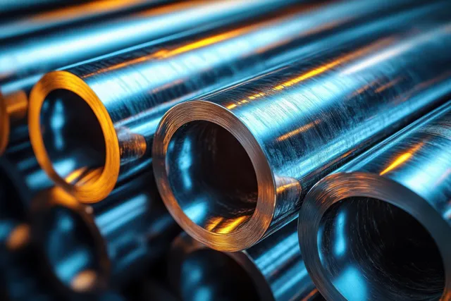 Shiny steel pipes with hollow ends reflect blue and orange lights in an industrial factory scene.