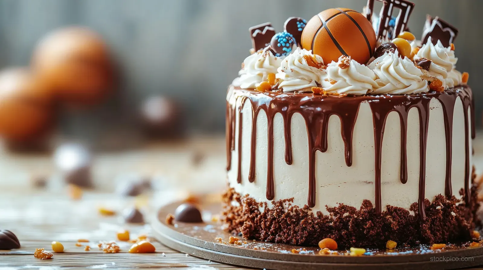 Chocolate drip cake with whipped cream swirls and a basketball-shaped topper, topped with chocolate crumbs and caramel bits.