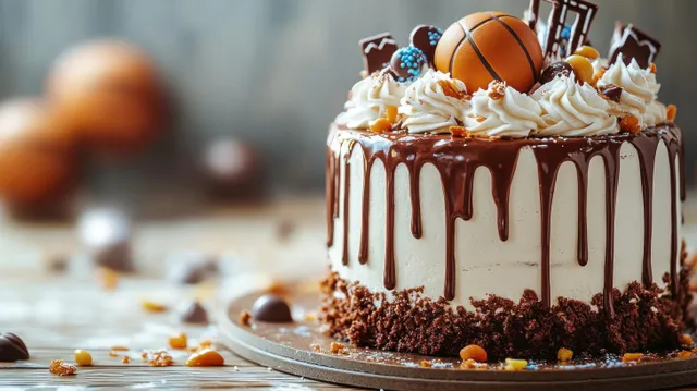 Chocolate drip cake with whipped cream swirls and a basketball-shaped topper, topped with chocolate crumbs and caramel bits.