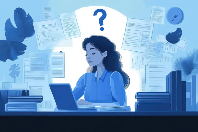 Thoughtful woman at a laptop desk surrounded by scattered papers with a question mark above her head.