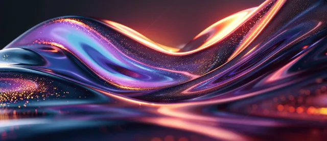 Iridescent holographic liquid waves with metallic glow across a futuristic abstract backdrop