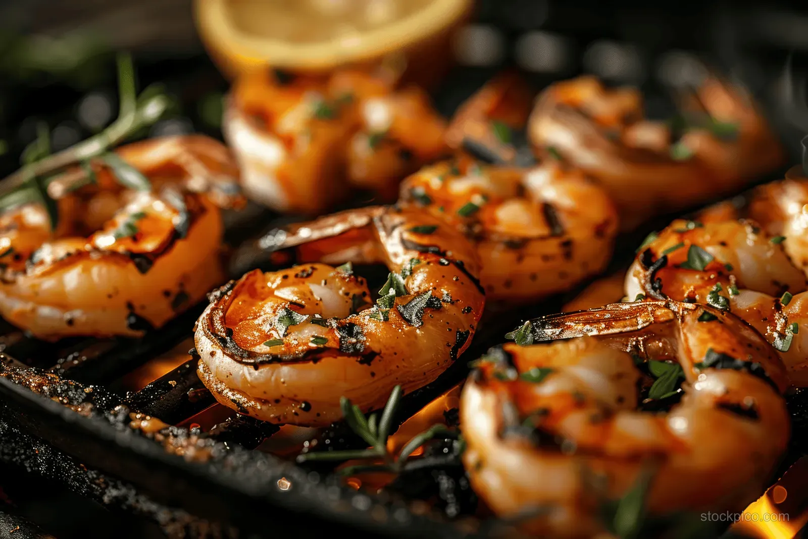 Grilled shrimp with green herbs and lemon pieces rest on a white plate with visible grill marks.
