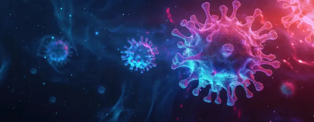 Neon coronavirus and monkeypox-like virus particles float over a dark blue abstract background with glowing highlights.