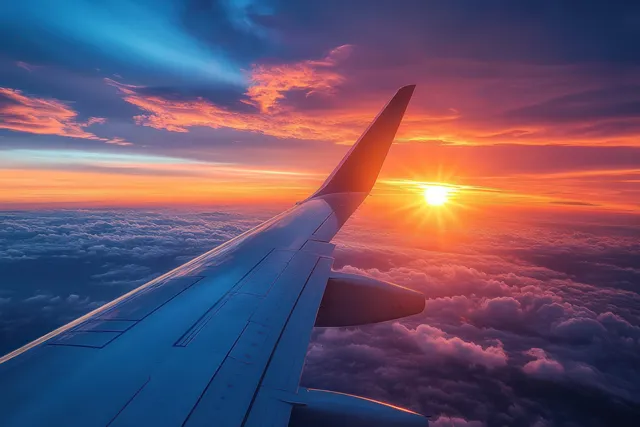 Airplane wing flies above glowing clouds at sunset with the sun near the horizon.