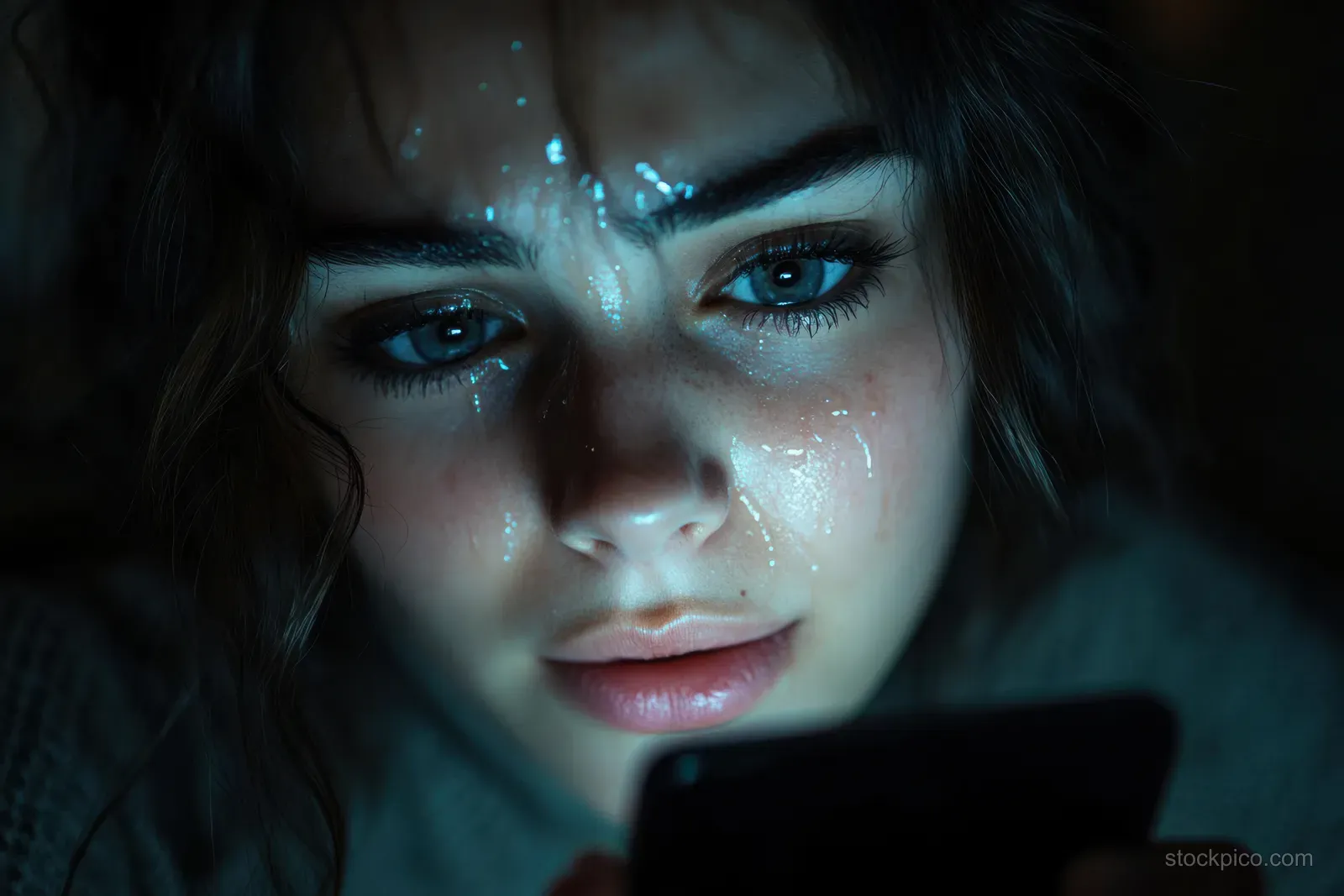 Young woman crying while looking at a phone, tears streaking down her face under blue screen light.