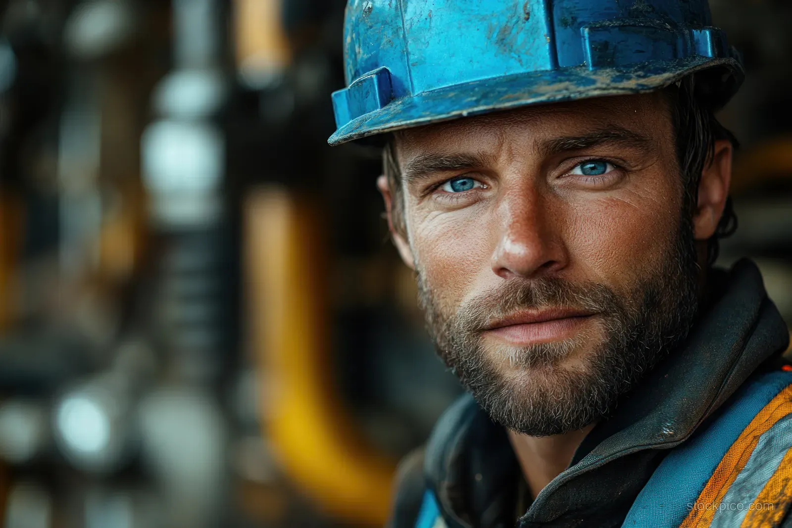 A construction worker in a blue hard hat thinks on a jobsite while equipment blurs in the background.