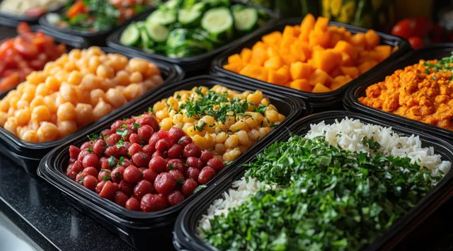 Brightly colored rice and curry toppings sit in small black containers with herbs and vegetables nearby.
