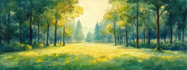 水彩公园景观，阳光穿过黄绿色草地和高大的绿叶树木。