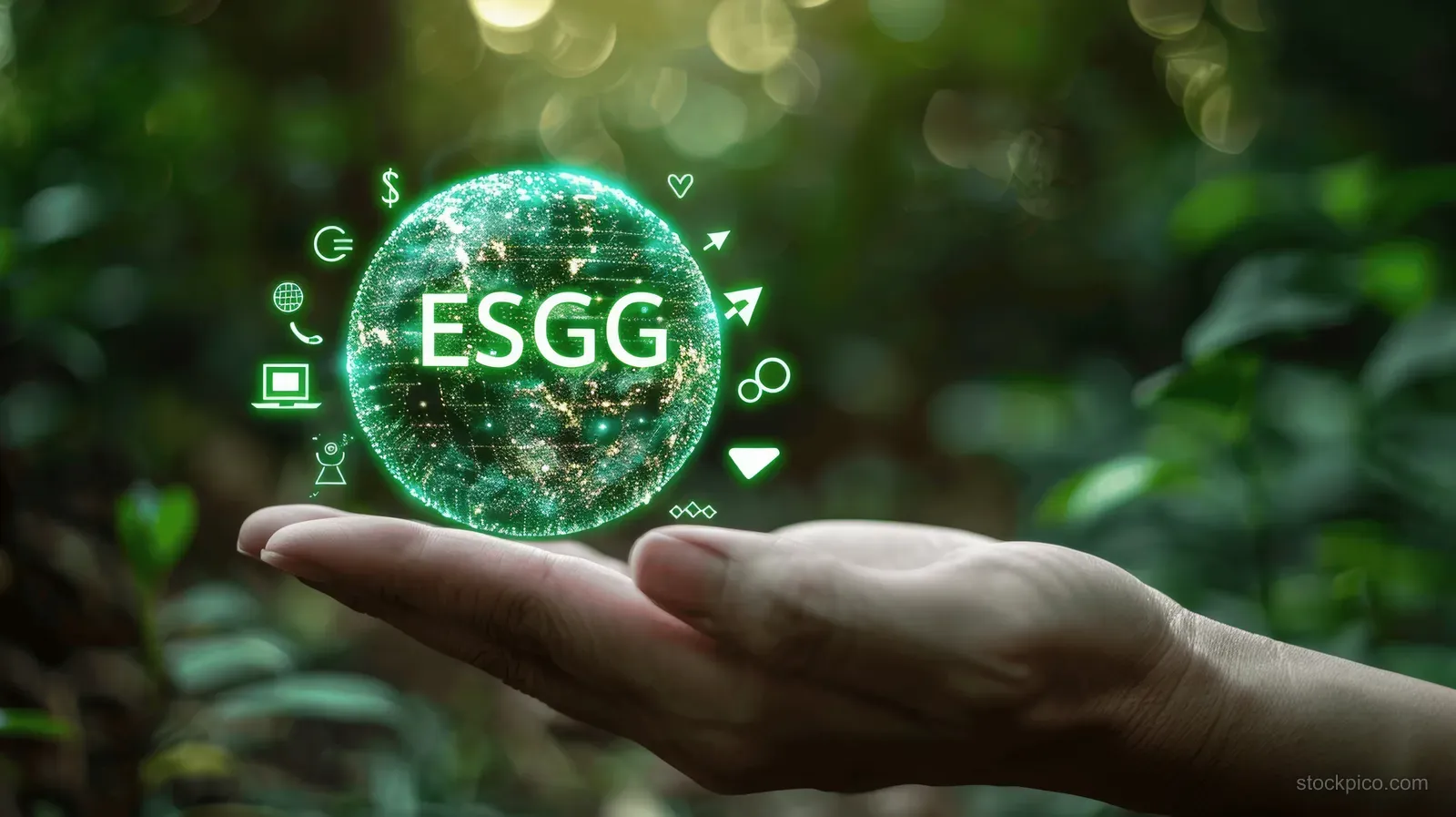 Hand holding a glowing ESG hologram with icon nodes over a lush green forest.