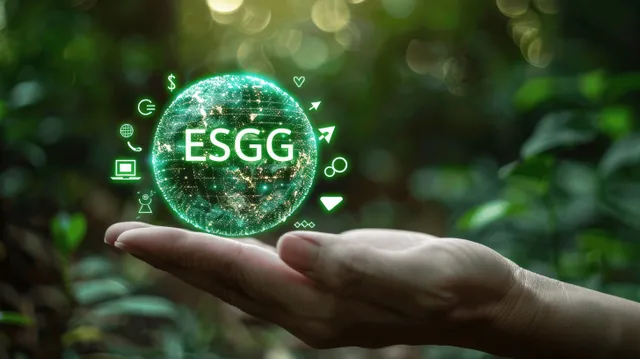Hand holding glowing ESG hologram over green forest, sustainable business concept