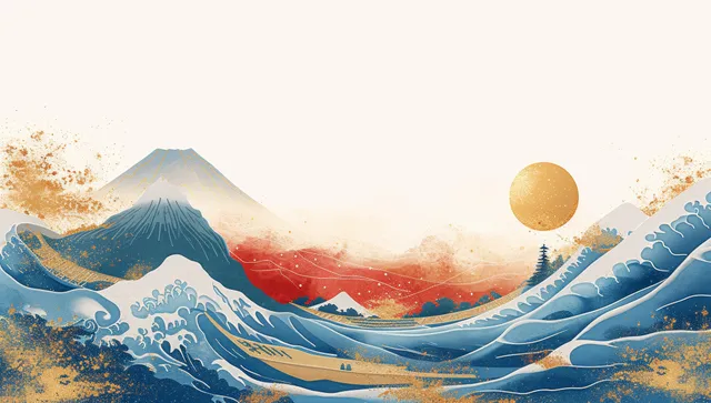 Decorative vector illustration of Mount Fuji with stylized waves and glitter accents, perfect for creative design projects.