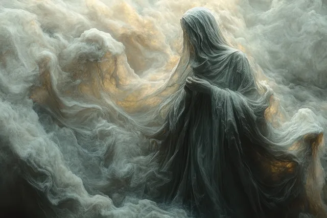 Jesus in flowing robes appears above swirling storm clouds under dramatic chiaroscuro light.