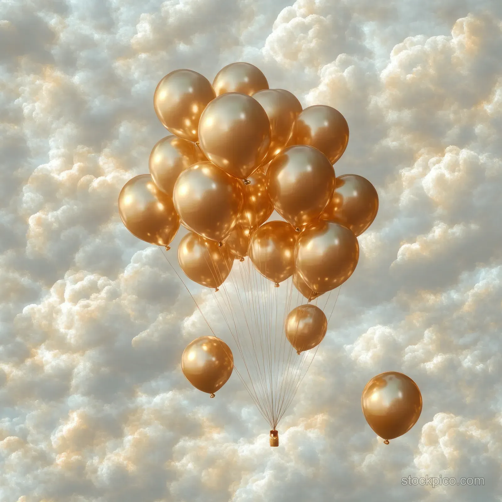 Golden balloons float upward through bright fluffy clouds with warm metallic reflections.