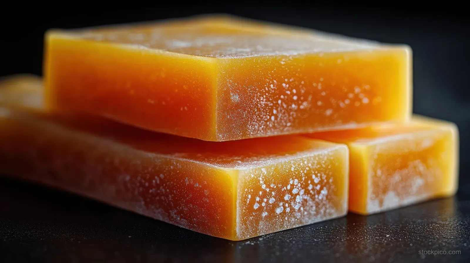 Close-up of three stacked translucent orange ice pops with frosty crystals on a dark surface.